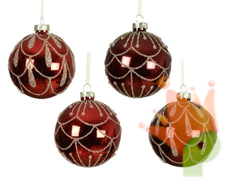 PALLINA DI NATALE IN VETRO ROSSO / BORDEAUX GLITTER ARGENTO 8CM