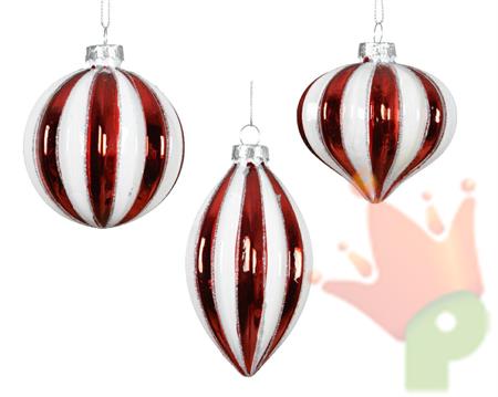 PALLINA DI NATALE IN VETRO ROSSO E BIANCO A STRISCE 8 CM
