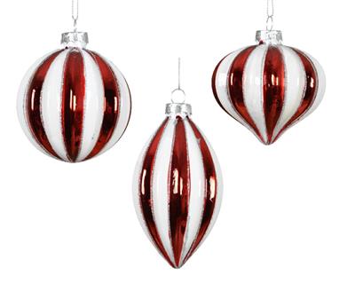 PALLINA DI NATALE IN VETRO ROSSO E BIANCO A STRISCE 8 CM