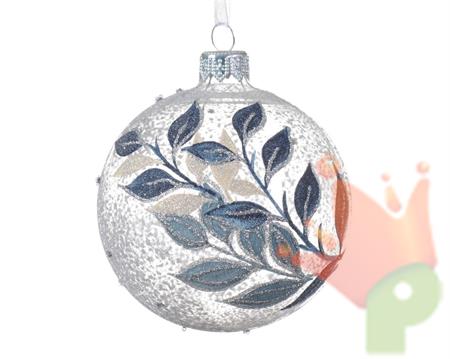 PALLINA DI NATALE VETRO TRASPARENTE RAMI FOGLIE BLU GLITTER 8CM