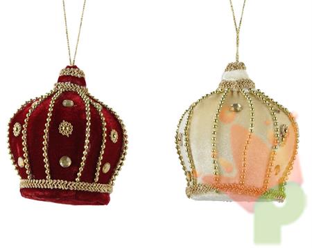 PENDENTE NATALIZIO CORONA IN VELLUTO ROSSA ORO CON PERLINE 8 CM