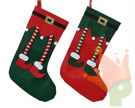 CALZA NATALIZIA IN FELTRO DECORO GAMBE ELFO ROSSO/VERDE H.36X24C