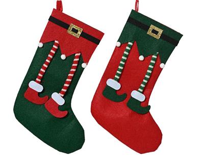 CALZA NATALIZIA IN FELTRO DECORO GAMBE ELFO ROSSO/VERDE H.36X24C