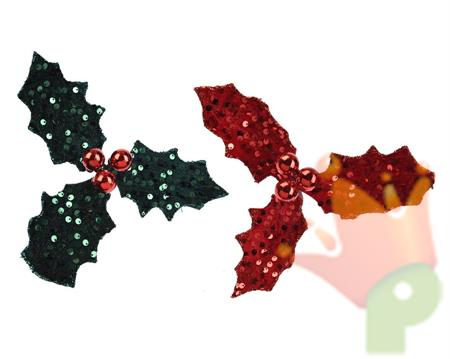 CLIP AGRIFOGLIO VERDE / ROSSO GLITTER CON BACCHE  15X8 CM 1 PZ A