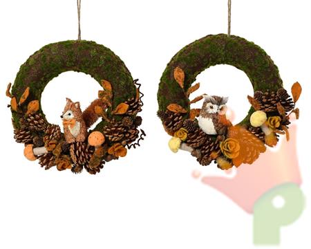 GHIRLANDA FUORIPORTA PIGNE FOGLIE FUNGHI GUFO / VOLPE 32 CM 1 PZ