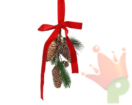 PENDENTE RAMETTO PIGNE CON FOGLIE E FIOCCO ROSSO H.26X8X20CM