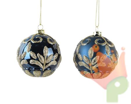 PALLINA DI NATALE BLU CON DECORI ORO 8 CM 1 PZ ASS