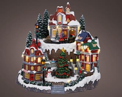VILLAGGIO NATALIZIO CON TRENO ALBERO IN MOVIMENTO H.30,5X30X27CM