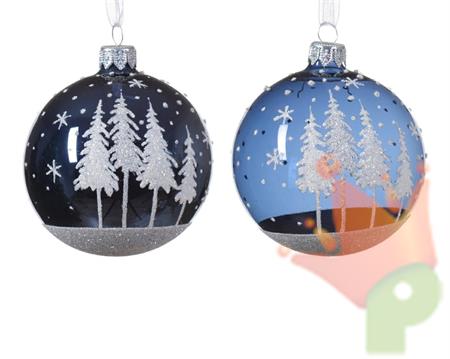 PALLINA IN VETRO LUCIDO BLU DECORO NEVE CON ALBERI 8 CM ASSORTIT