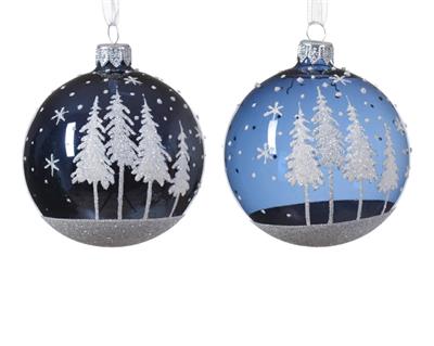 PALLINA IN VETRO LUCIDO BLU DECORO NEVE CON ALBERI 8 CM ASSORTIT