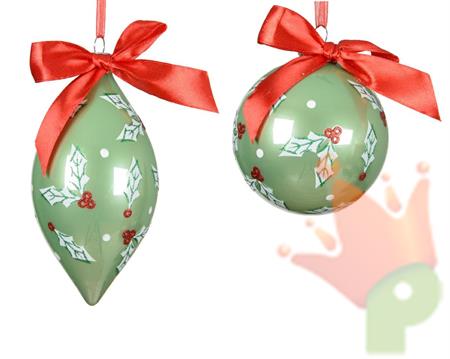 PALLINA IN VETRO VERDE CON FIOCCO ROSSO AGRIFOGLIO BACCHE 8 CM 1