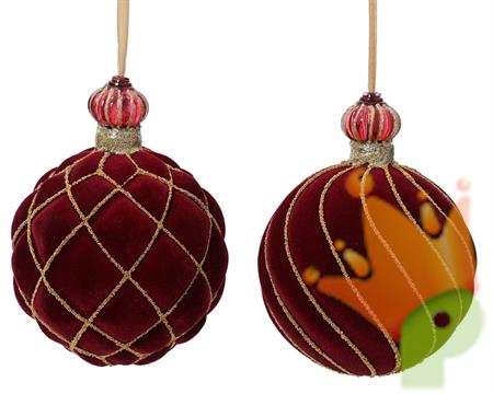 PALLINA DECORATA IN VELLUTO BORDEAUX GLITTER ORO 10 CM 1 PZ ASS.