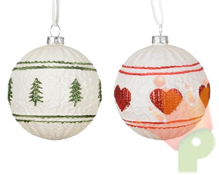 PALLINA VETRO BIANCA DECORO ALBERI VERDI / CUORI ROSSI 8 CM 1 PZ