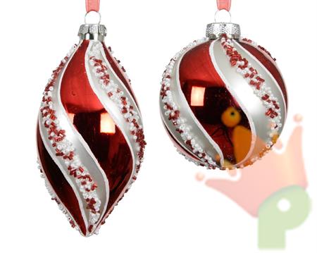 PALLINA IN VETRO BIANCA ROSSA A STRISCE CON PERLINE 8 CM 1 PZ AS