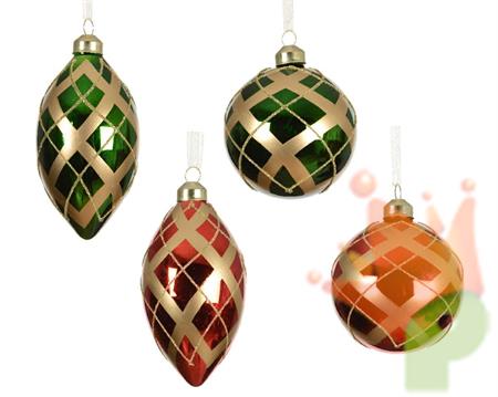 PALLINA DI NATALE IN VETRO VERDE/ROSSA DECORATA GLITTER ORO 8 CM