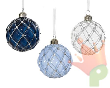 PALLINA IN VETRO TRASPARENTE/CELESTE/BLU CON GLITTER E PERLINE 8