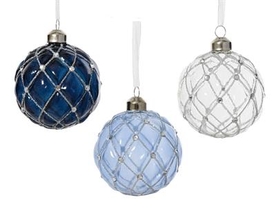 PALLINA IN VETRO TRASPARENTE/CELESTE/BLU CON GLITTER E PERLINE 8