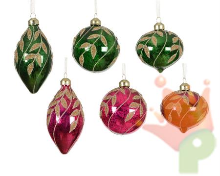 PALLINA DI NATALE IN VETRO FUCSIA / VERDE CON FOGLIE ORO GLITTER