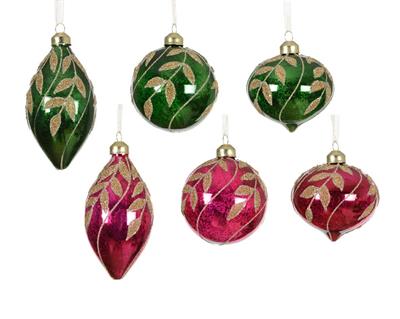 PALLINA DI NATALE IN VETRO FUCSIA / VERDE CON FOGLIE ORO GLITTER
