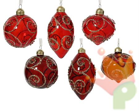 PALLINA IN VETRO TRASPARENTE ROSSA DECORO VORTICI GLITTER 8 CM 1