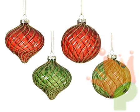 PALLINA VETRO TRASPARANTE ROSSA/VERDE CON STRISCE GLITTER ORO 8C