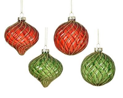 PALLINA VETRO TRASPARANTE ROSSA/VERDE CON STRISCE GLITTER ORO 8C