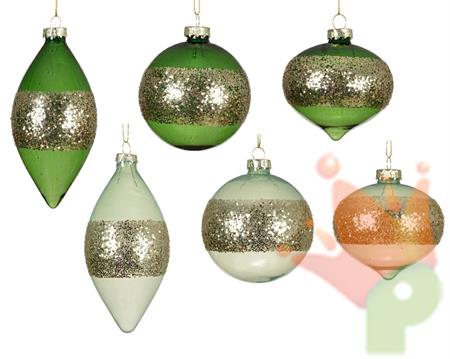 PALLINA VETRO TRASPARENTE VERDE CON PAILLETTES ARGENTO 8CM 1PZ A