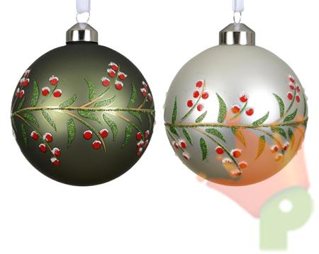 PALLINA  IN VETRO BIANCA VERDE FOGLIE GLITTER BACCHE ROSSE 8CM