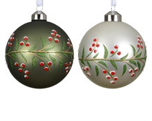 PALLINA  IN VETRO BIANCA VERDE FOGLIE GLITTER BACCHE ROSSE 8CM