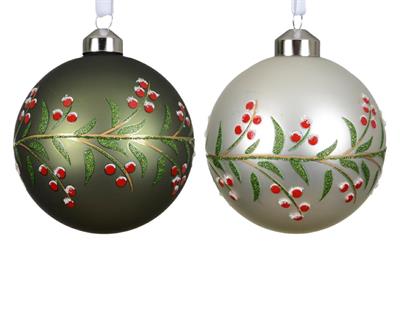 PALLINA  IN VETRO BIANCA VERDE FOGLIE GLITTER BACCHE ROSSE 8CM