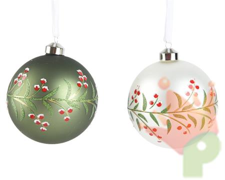 PALLINA VETRO VERDE/BIANCA CON FOGLIE BACCHE ROSSE 15CM 1PZ