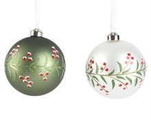 PALLINA VETRO VERDE/BIANCA CON FOGLIE BACCHE ROSSE 15CM 1PZ