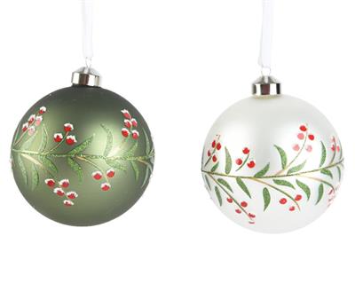 PALLINA VETRO VERDE/BIANCA CON FOGLIE BACCHE ROSSE 15CM 1PZ