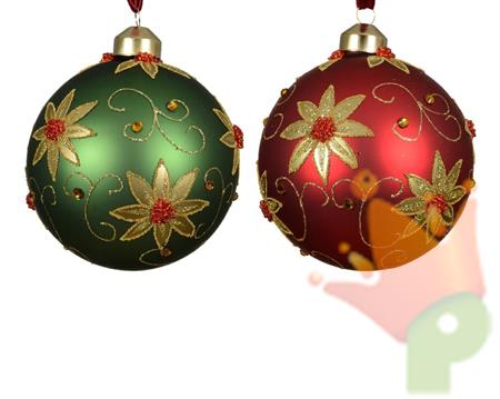 PALLINA VETRO OPACA ROSSA VERDE DEC. FIORI GLITTER 10CM 1PZ
