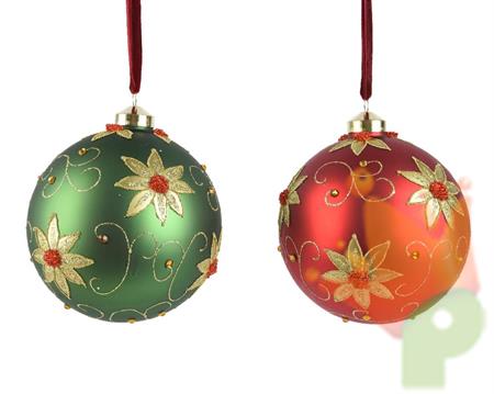 PALLINA VETRO OPACA ROSSA VERDE DEC. FIORI GLITTER 15CM 1PZ
