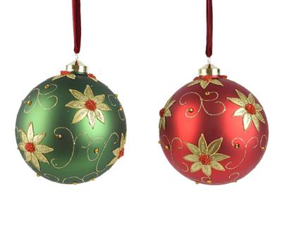 PALLINA VETRO OPACA ROSSA VERDE DEC. FIORI GLITTER 15CM 1PZ