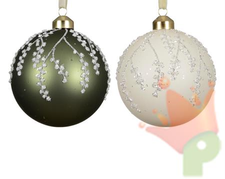 PALLINA VETRO OPACA VERDE BIANCA RAMI GLITTER ARGENTO 8CM 1PZ