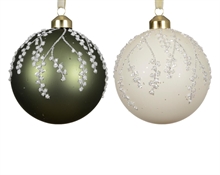 PALLINA VETRO OPACA VERDE BIANCA RAMI GLITTER ARGENTO 8CM 1PZ