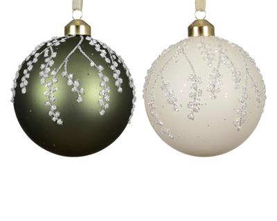 PALLINA VETRO OPACA VERDE BIANCA RAMI GLITTER ARGENTO 8CM 1PZ