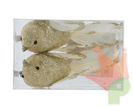 UCCELLINI GLITTER ORO CON PIUMA 2 PZ 4,5X11X4 CM