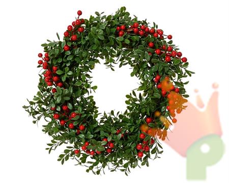 GHIRLANDA FUORIPORTA VERDE CON BACCHE ROSSE D.45XH.12 CM