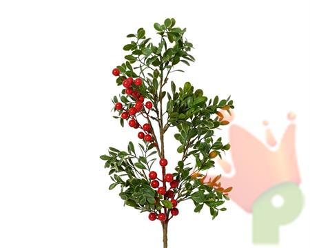 RAMO CON FOGLIE VERDI E BACCHE ROSSE 60 CM