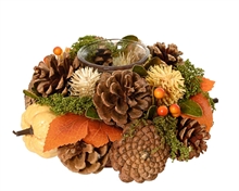 PORTACANDELA CON PIGNE ZUCCHE E BACCHE ARANCIONE 19X9CM