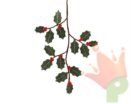 RAMETTO DI AGRIFOGLIO CON BACCHE ROSSE IN LANA H.68 CM