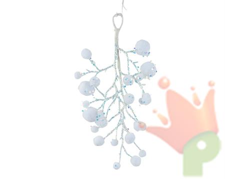 PENDENTE RAMETTO BIANCO IRIDESCENTE CON PALLINE BIANCHE H.30X20X