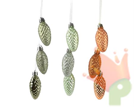 PENDENTI PIGNE VERDE/AMBRA 3 PZ GLITTER OPACO LUCIDO ASSORTITO