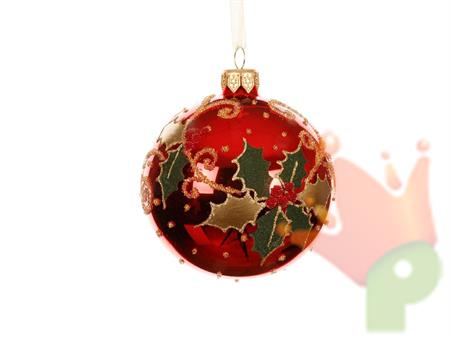 PALLINA DI NATALE IN VETRO ROSSA DECORO AGRIGOFLIO E BACCHE 8 CM