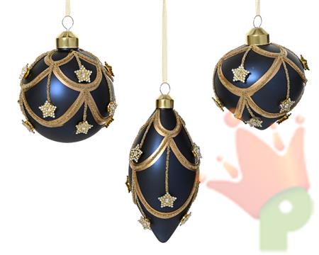 PALLINA DI NATALE IN VETRO BLU CON DECORAZIONI STELLE ORO 8 CM