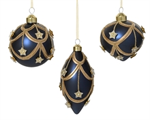 PALLINA DI NATALE IN VETRO BLU CON DECORAZIONI STELLE ORO 8 CM