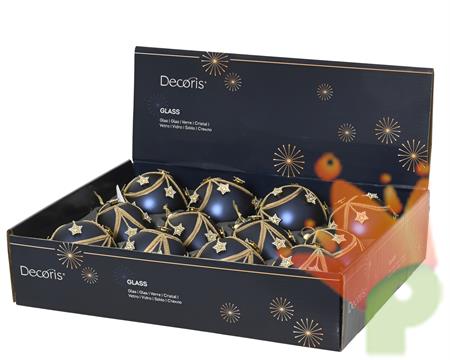 PALLINA DI NATALE IN VETRO BLU CON DECORAZIONI STELLE ORO 8 CM